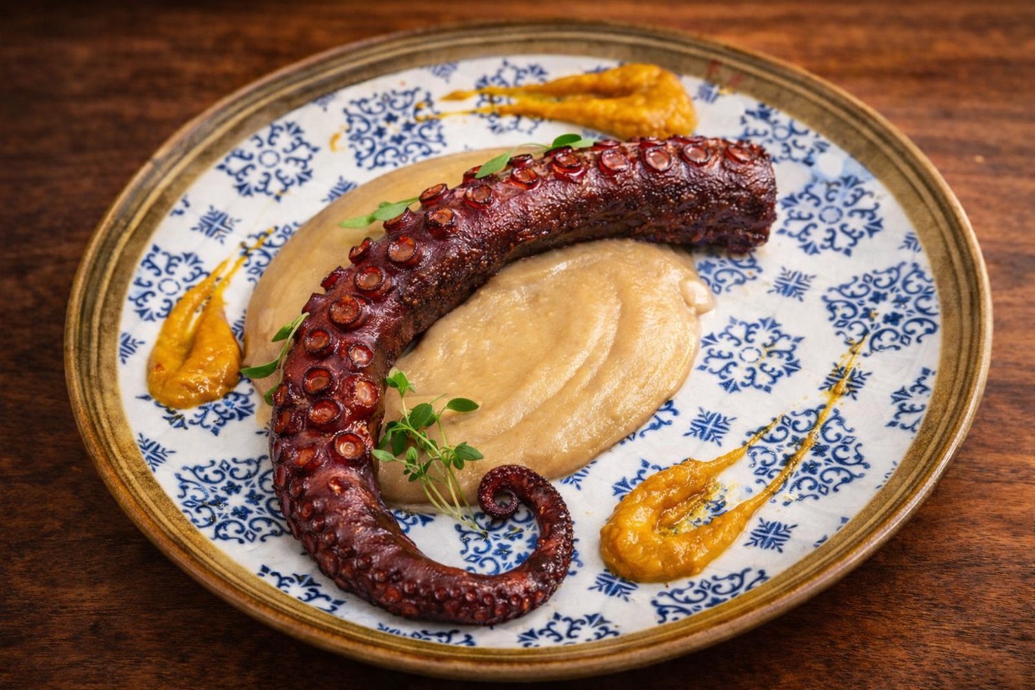 Pulpo con papas cremosas y mojo de calabaza